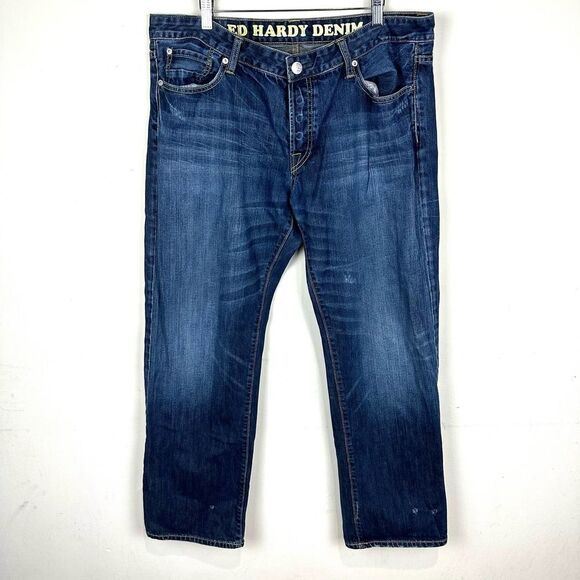Ed Hardy Distressed Button Fly Blue Denim Jeans Men’s 38 x 32 - Picture 1 of 16